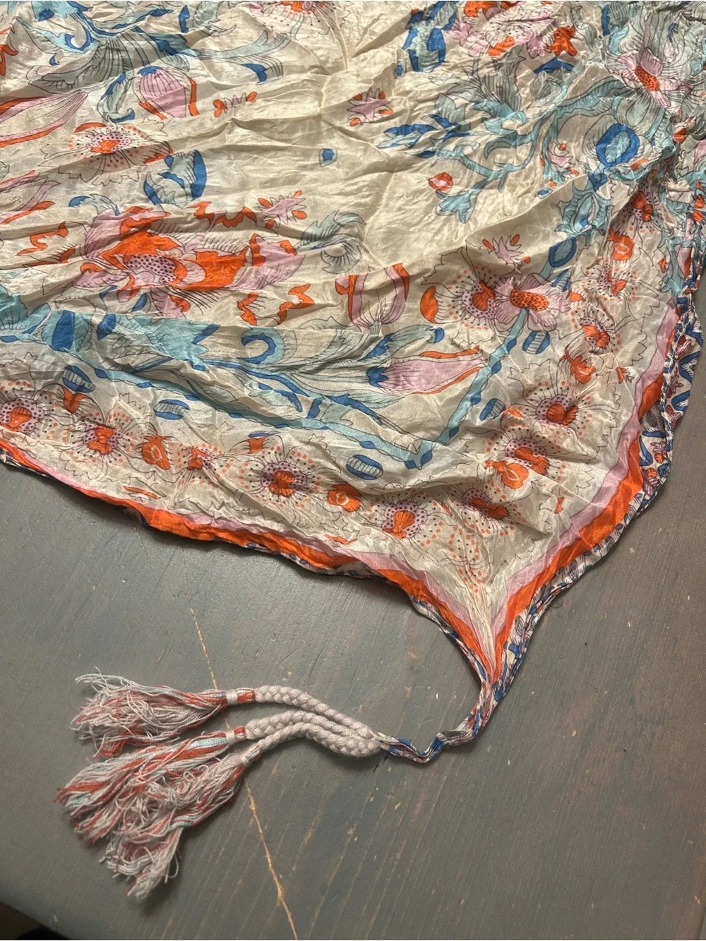 Johnny Was pre loved silk Bohemian 4 tassel scarf